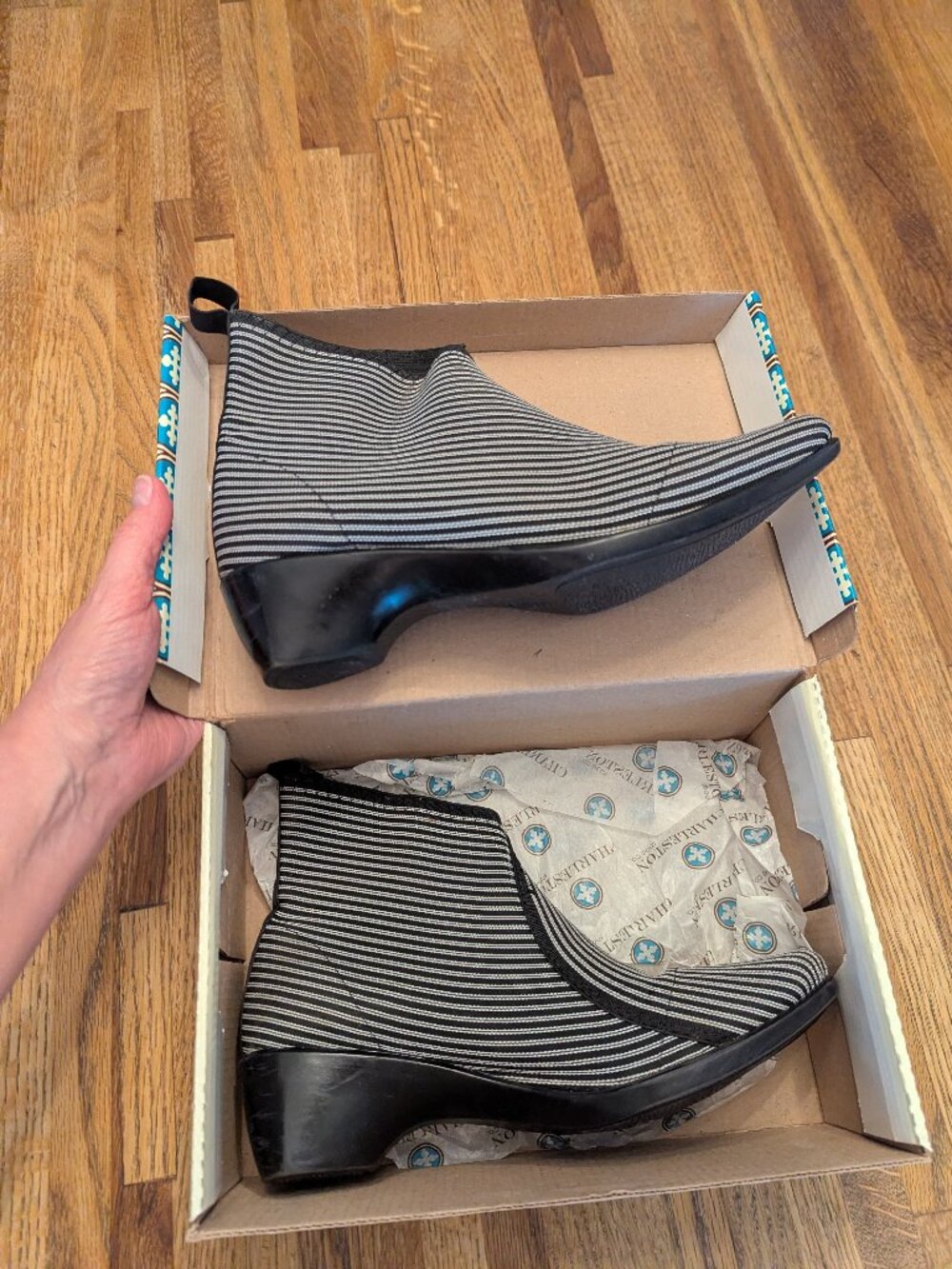 Charleston Shoe Company Stretchy Ankle Boot Black and White Stripes Women's 9